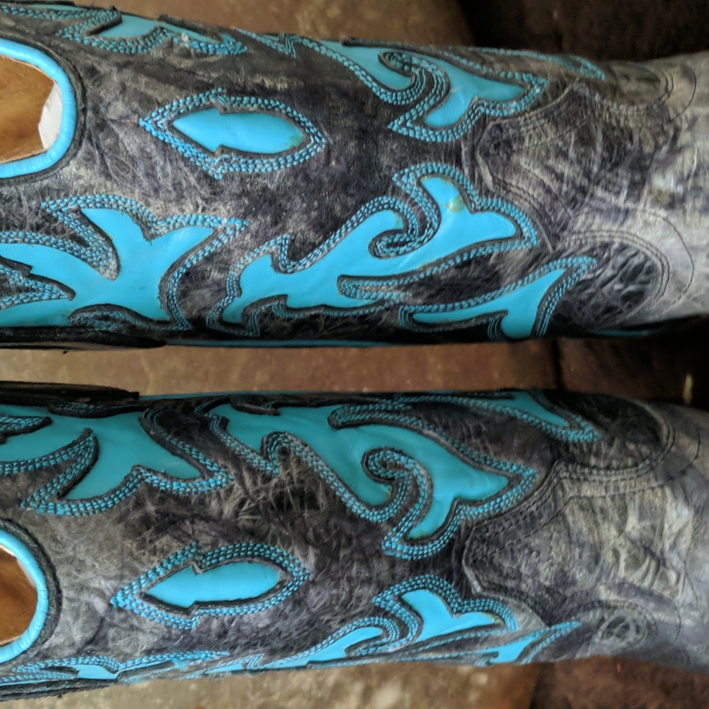 JOHNNY RINGO E1385 charcoal gray & turquoise wing tip boots square toe sz 6.5B - Picture 11 of 16